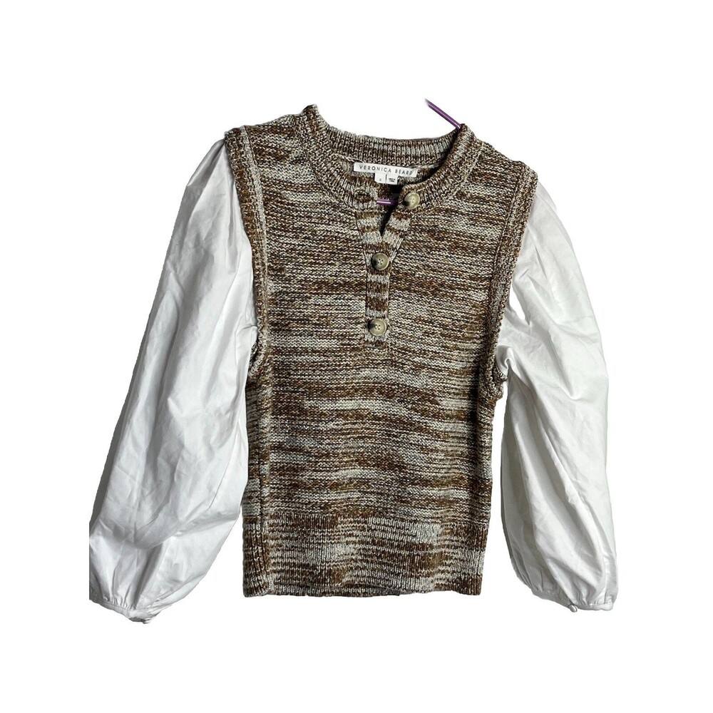 Veronica Beard Sweater Tahlea Mixed Media Puff Sleeve in Metallic Brown S